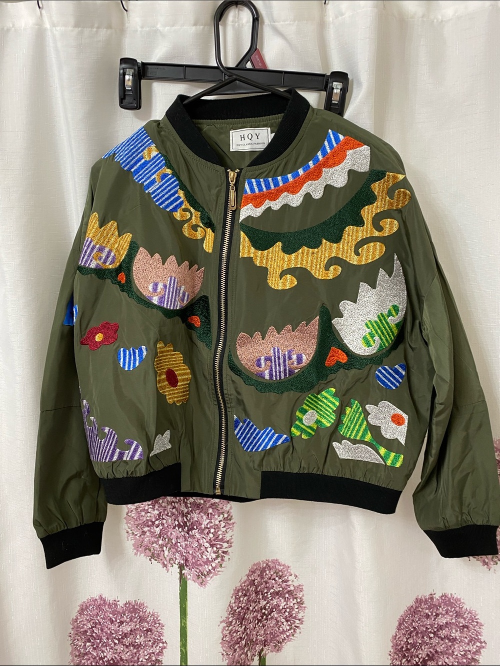 HQY Olive Green Colorful Embroidered Bomber Jacket